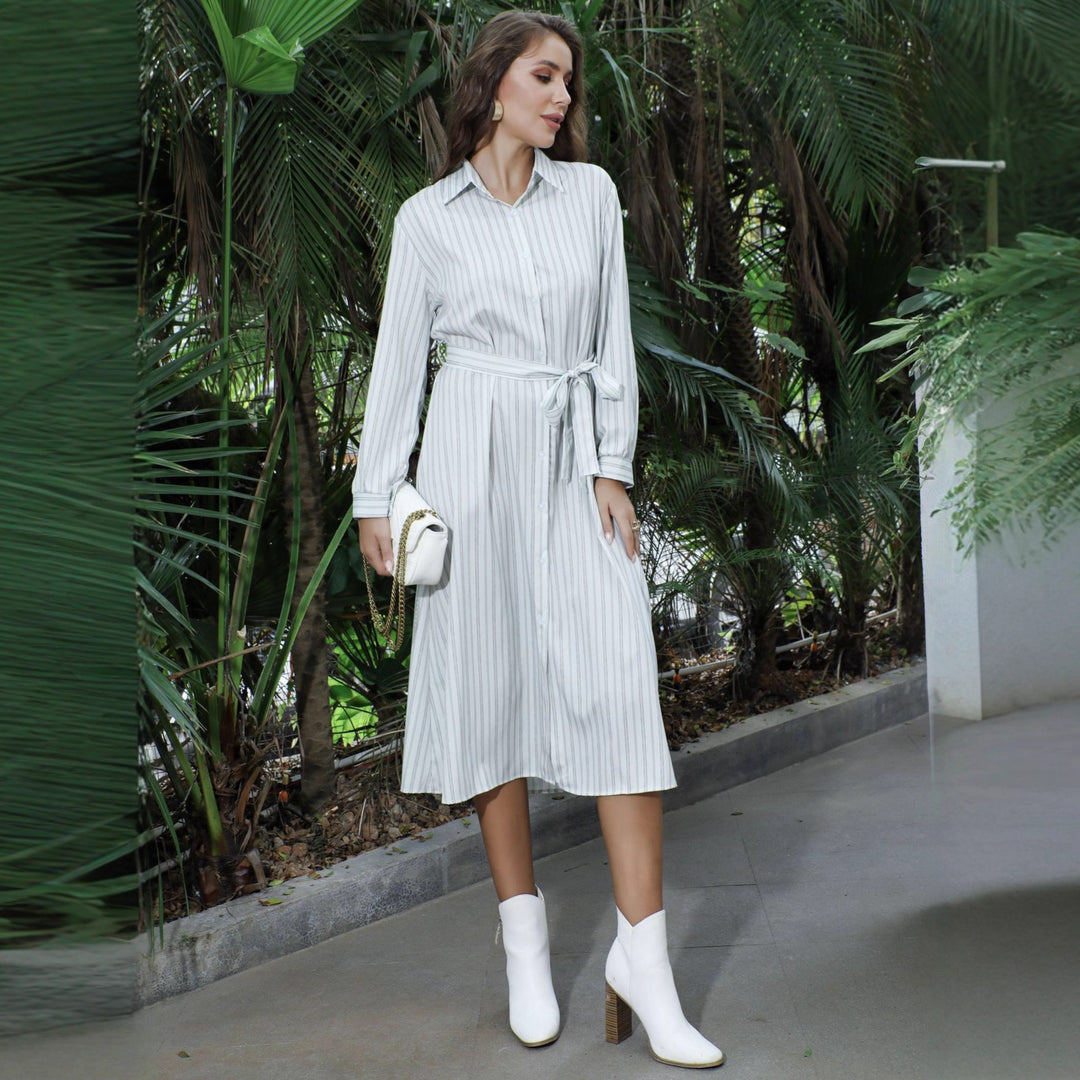 Damen Hemdblusenkleid mit Taillengürtel und hohem Beinschlitz Drune