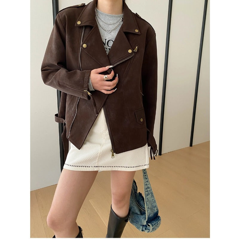 Damen Kunstleder-Bikerjacke mit eleganten Details und asymmetrischem Reißverschluss Drune
