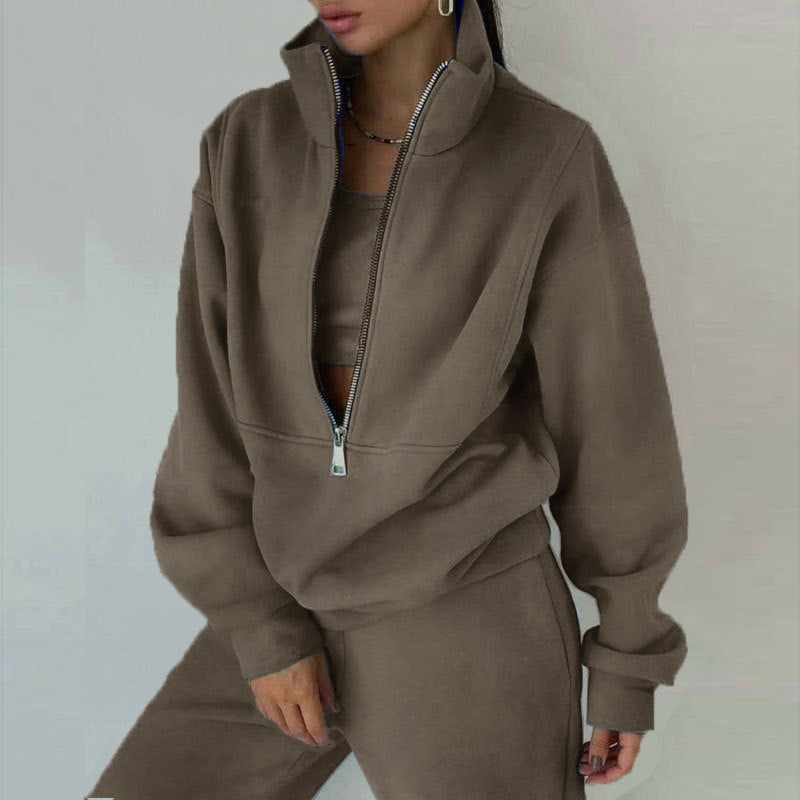 Damen nan kurzes Halbzip-Sweatshirt-und-Jogginghose-Set mit Stehkragen, oversized Schnitt und weichem French-Terry Drune