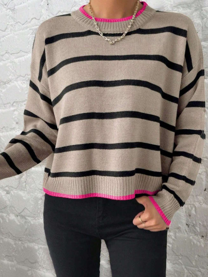 Damen lässiger gestrickter Pullover mit modischem Streifenmuster und kontrastierenden Abschlüssen Drune