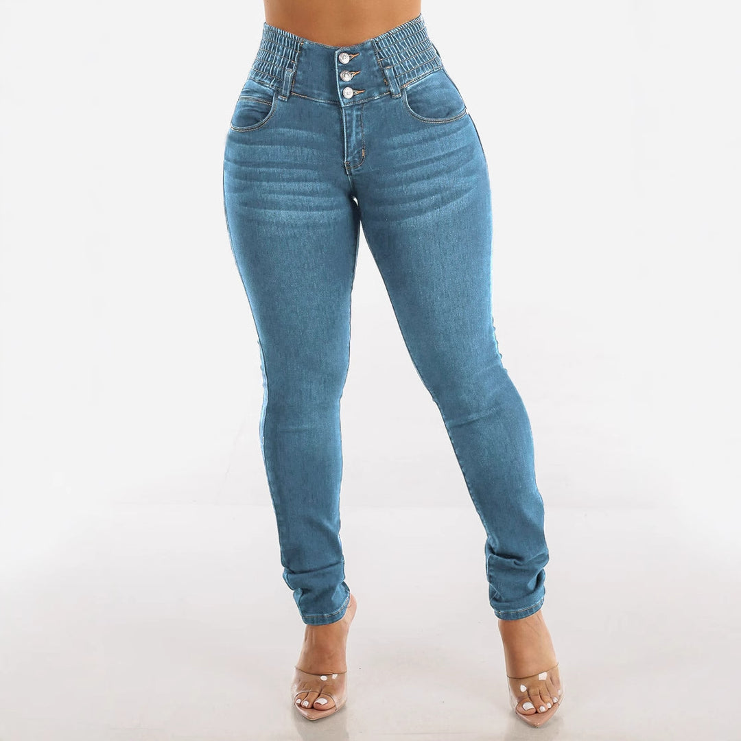 Damen Hochtaillierte Jeans mit elastischem Bund und Knopfdetails Drune