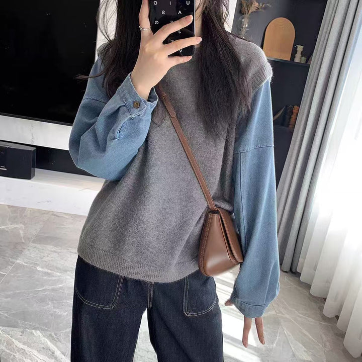Damen Strickpullover mit Denim-Ärmeln Drune