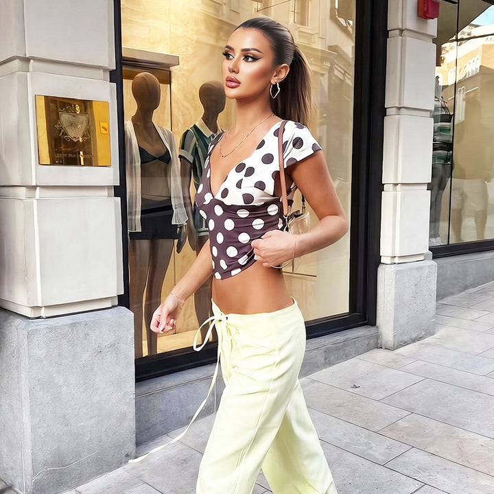 Damen Modisches Polka-Dots Oberteil mit tiefem V-Ausschnitt Drune