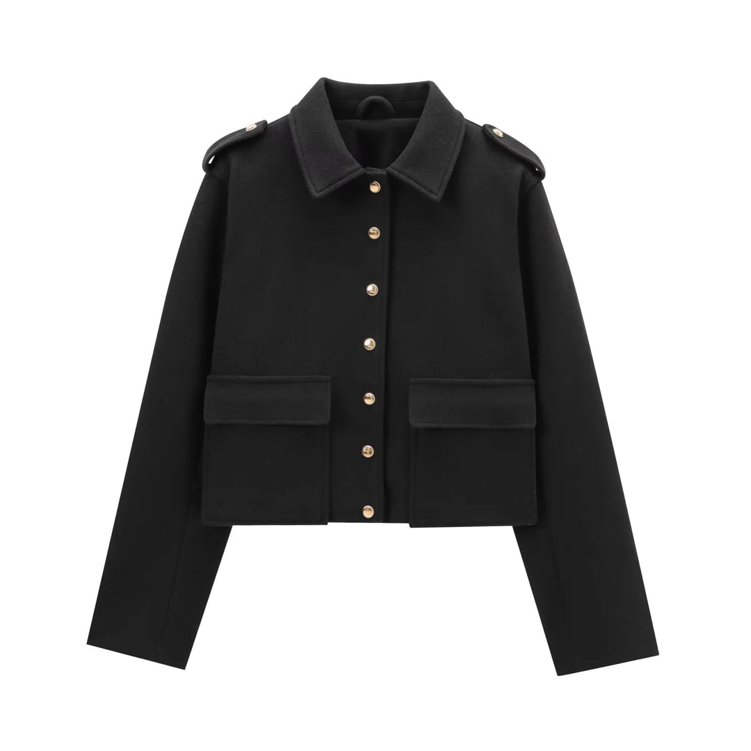 Damen nan kurz geschnittene Boxy-Jacke aus Wollmix mit Schulterklappen, aufgesetzten Pattentaschen und goldfarbenen Zierknöpfen Drune