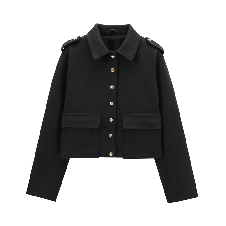 Damen nan kurz geschnittene Boxy-Jacke aus Wollmix mit Schulterklappen, aufgesetzten Pattentaschen und goldfarbenen Zierknöpfen Drune