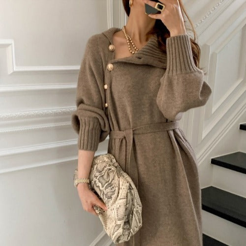 Damen elegantes Strickkleid mit modischem Rollkragen und detailreicher Knopfverschluss Drune