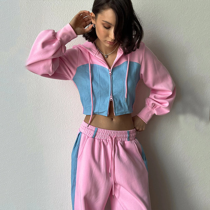 Damen nan zweiteiliges Cropped-Hoodie-Set mit Reißverschluss, elastischem Komfortbund und weitem Seitenstreifen-Hose Drune