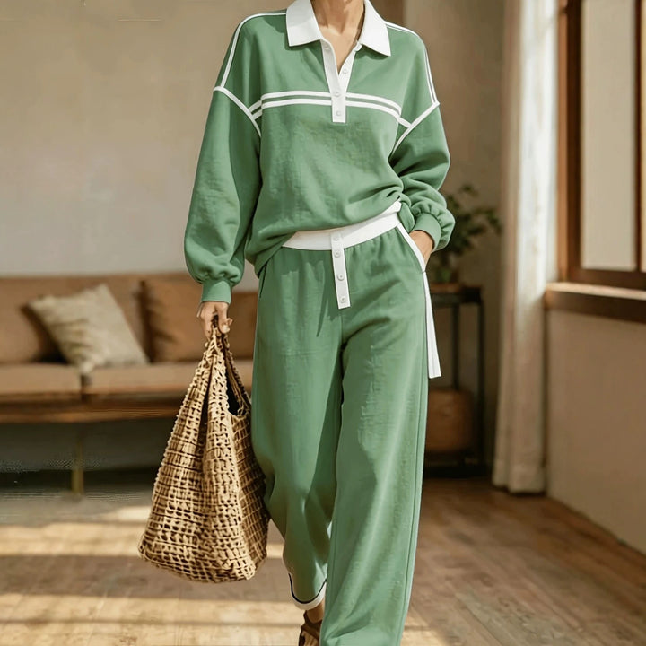 Damen Lounge-Set aus weichem Jersey mit Polokragen, Kontraststreifen und weiter Jogpant Drune