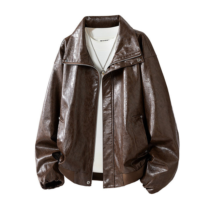Damen Modische Kunstlederjacke mit hohen Kragen Drune