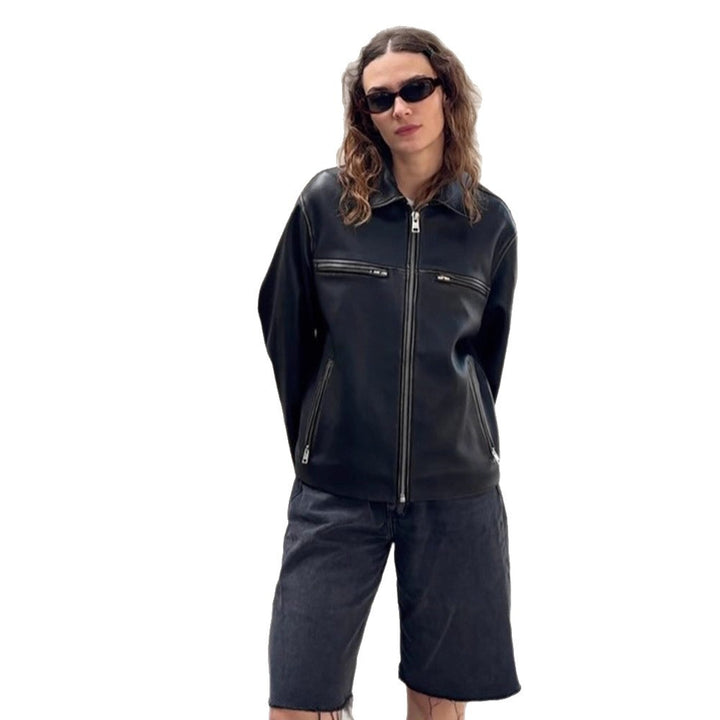 Damen Boxy-Lederimitatjacke mit zweifachem Reißverschluss und Brustzippern Drune