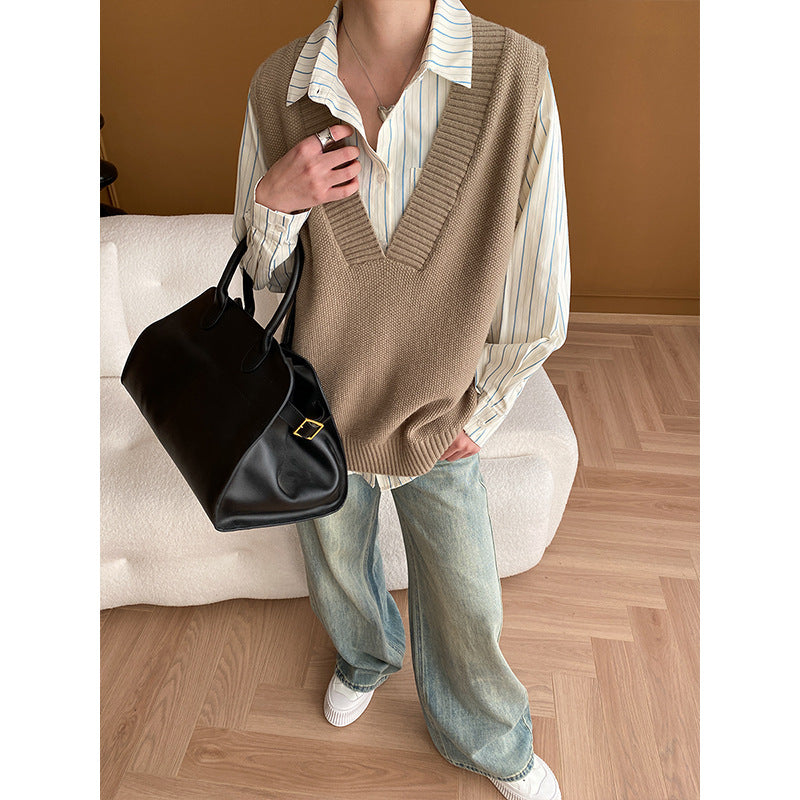 Damen modische Strickweste mit tiefem V-Ausschnitt und eleganten Rippdetails Drune