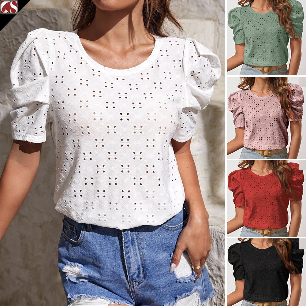Damen Chic Kurzarmbluse mit Puffärmeln und Lochmuster Drune