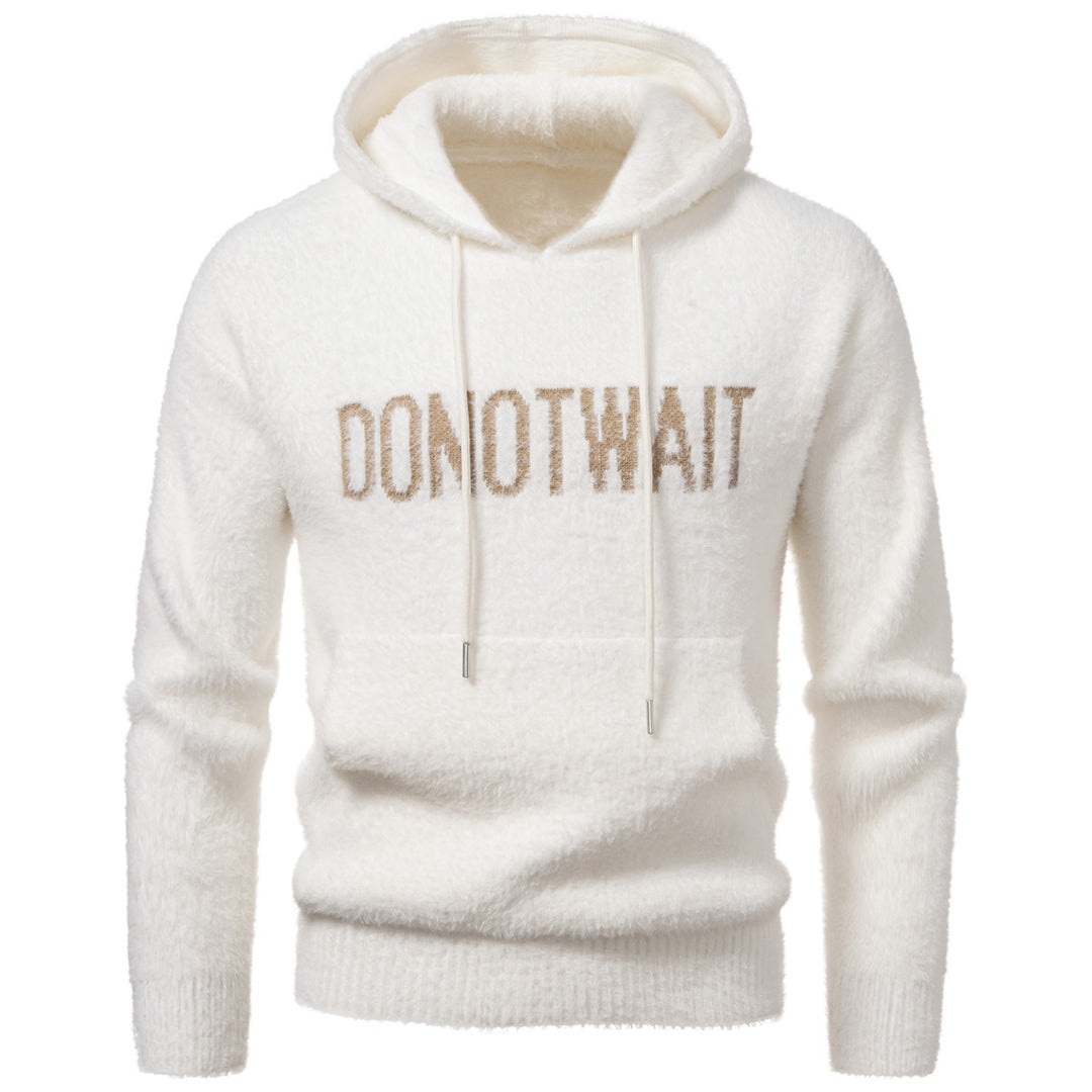 Herren Flauschiger Kapuzenpullover aus Teddy-Fleece mit Statement-Frontprint und Kängurutasche Drune