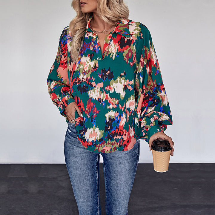 Damen Weites Blusenshirt mit Hemdkragen, abstraktem Print und Ballonärmeln Drune