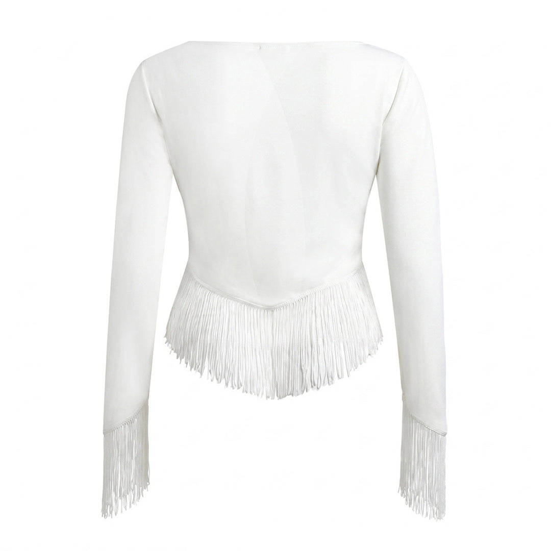 Damen Cropped V‑Neck Oberteil mit langen Ärmeln und dekorativem Fransenbesatz Drune