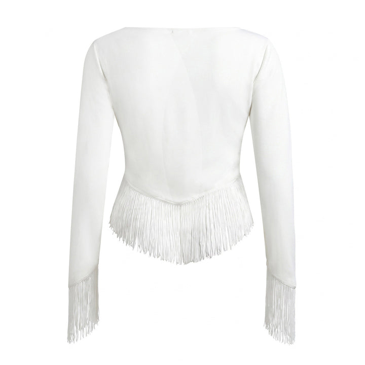 Damen Cropped V‑Neck Oberteil mit langen Ärmeln und dekorativem Fransenbesatz Drune