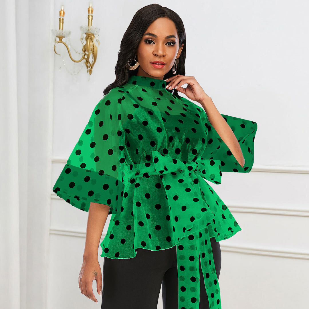 Damen Chiffonbluse mit gepunktetem Design und elegantem Taillengürtel Drune