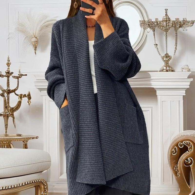 Damen nan weit geschnittener Strickmantel mit Rippenstruktur und aufgesetzten Taschen Drune