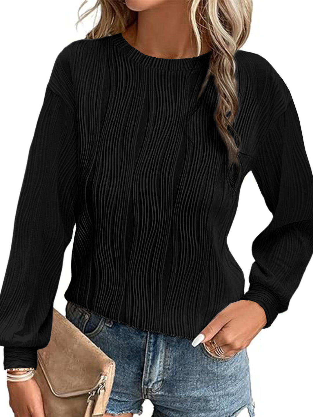 Damen Fein plissiertes Langarmshirt mit Rundhalsausschnitt und strukturierter Wellenoptik Drune