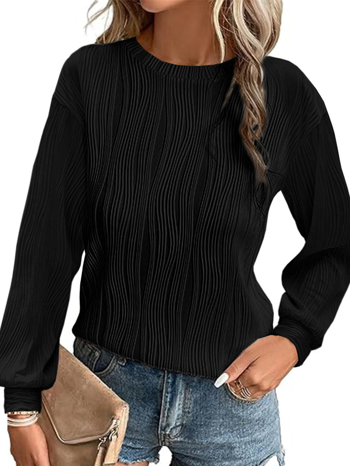 Damen Fein plissiertes Langarmshirt mit Rundhalsausschnitt und strukturierter Wellenoptik Drune