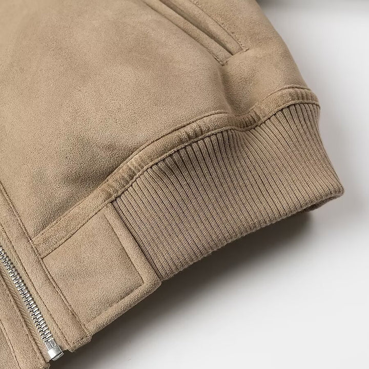 Damen Kurz geschnittene Bomberjacke mit Fake-Shearling-Kragen und Veloursoptik Drune
