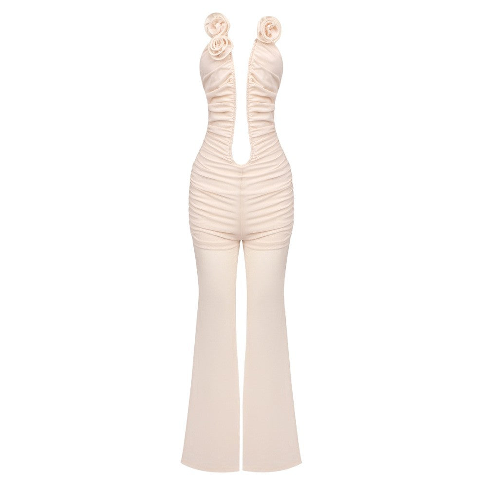 Damen Jumpsuit mit tiefem Ausschnitt und floralen Akzenten Drune