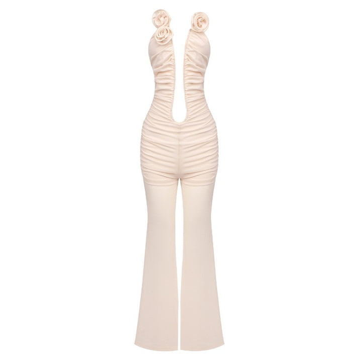 Damen Jumpsuit mit tiefem Ausschnitt und floralen Akzenten Drune