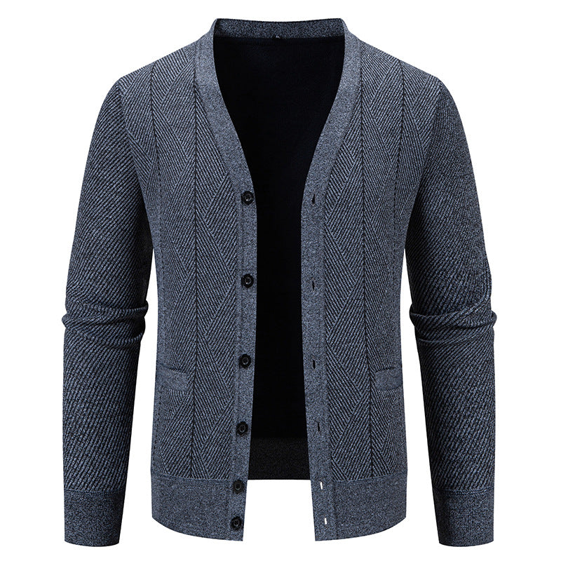 Herren Strukturierter Feinstrick-Cardigan mit Chevron‑Muster, V‑Ausschnitt und Eingrifftaschen Drune