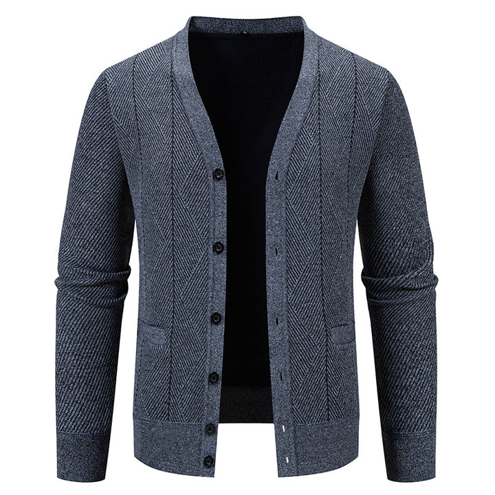 Herren Strukturierter Feinstrick-Cardigan mit Chevron‑Muster, V‑Ausschnitt und Eingrifftaschen Drune