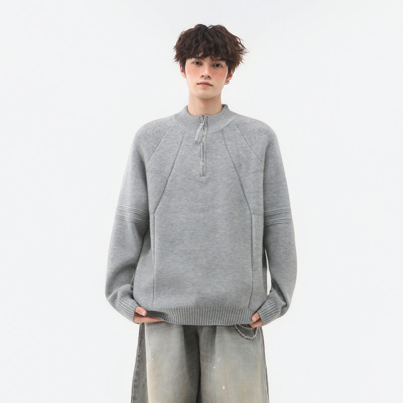 Herren Strick-Halbzip-Pullover mit Stehkragen und strukturierten Rippdetails Drune