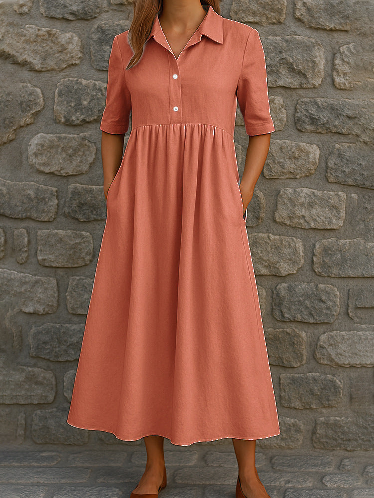 Damen Elegantes Maxikleid mit Hemdkragen und praktischen Taschen Drune