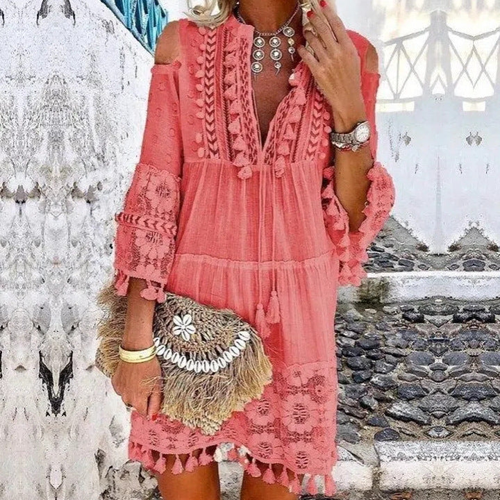 Damen Boho-Tunika mit Spitzendetails und offenen Schultern Drune
