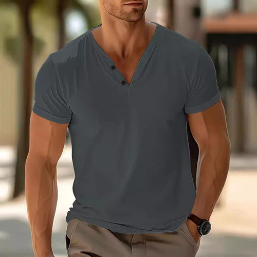 Herren nan kurzärmeliges Henleyshirt mit V-Ausschnitt und Zweiknopfleiste aus Baumwollmix Drune