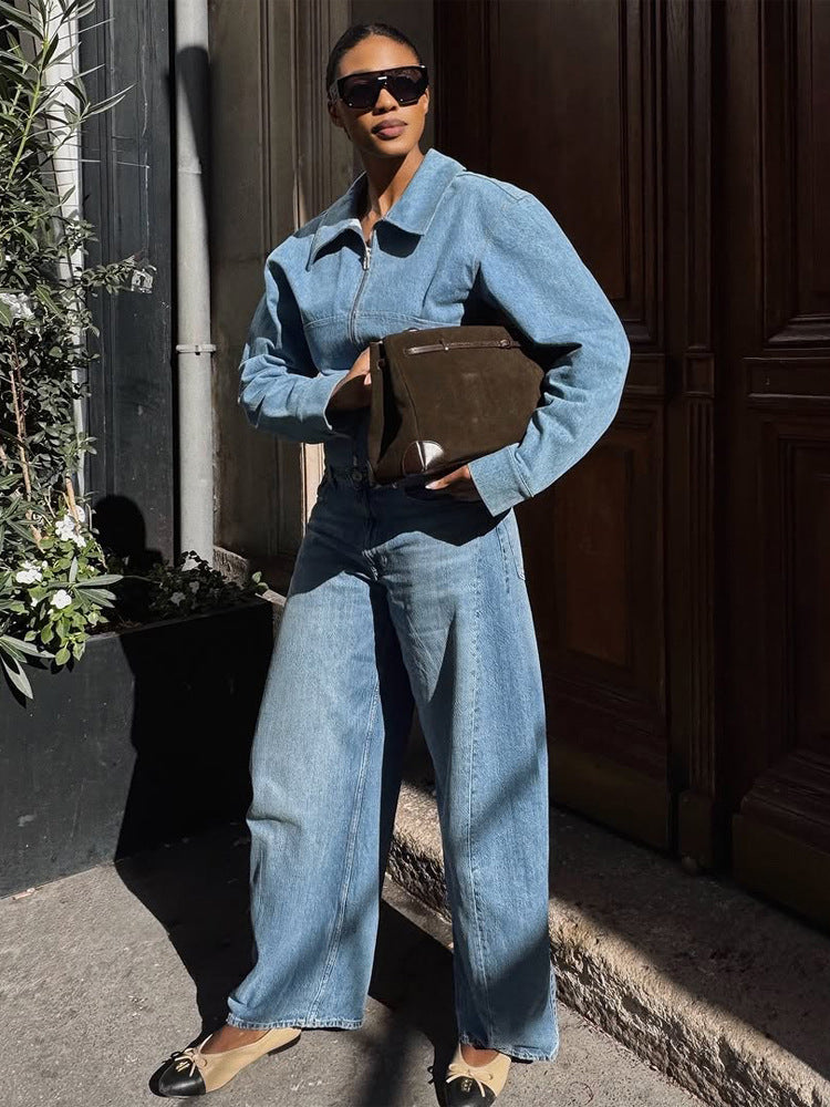 Damen Kurz geschnittene Jeansjacke mit Reißverschluss und definierter Schulterlinie Drune
