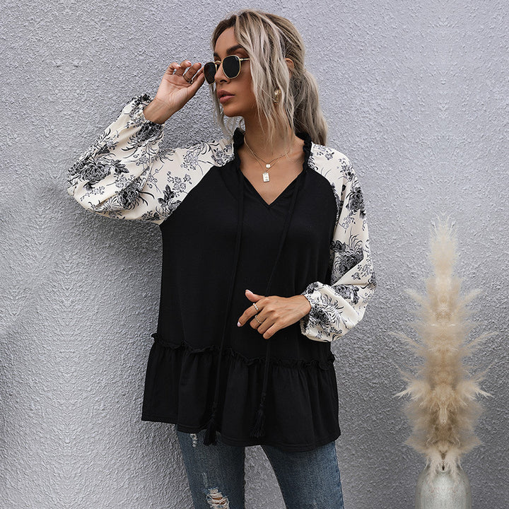 Damen Lässige V‑Ausschnitt Tunika‑Bluse mit Volantsaum, Blumenraglanärmeln und Kordelzug Drune