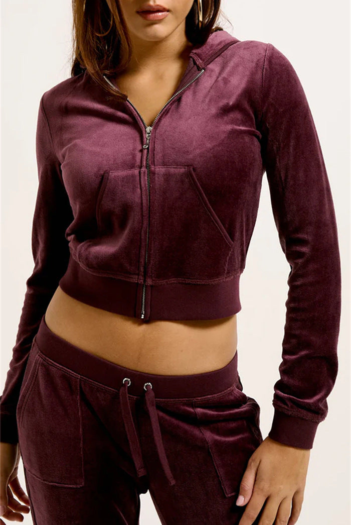 Damen Samtvelours Cropped-Zipjacke mit Kängurutasche und hochgeschnittener Bündchenhose Drune