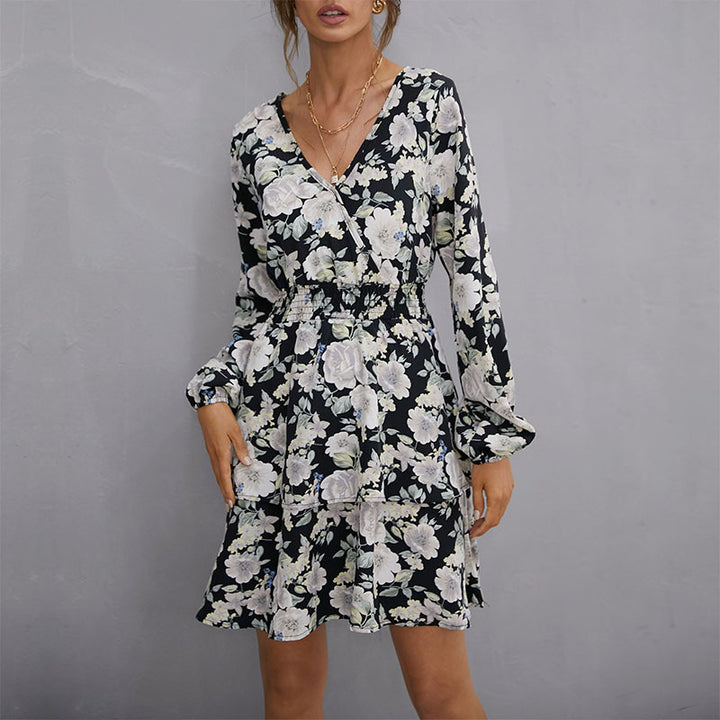 Damen Florales Minikleid mit Wickeloberteil, Smok-Taillenband und Stufenrock Drune