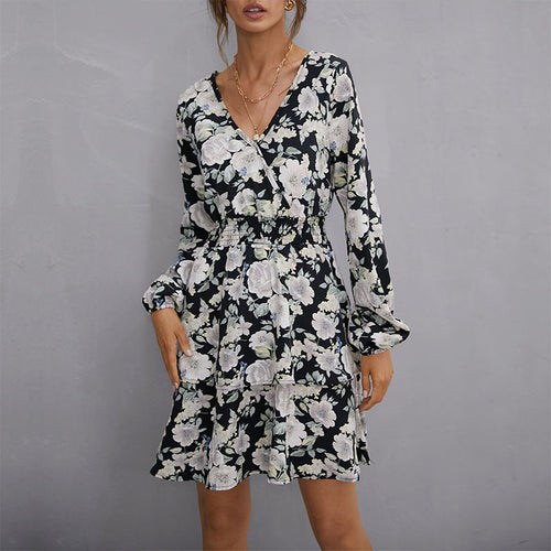 Damen Florales Minikleid mit Wickeloberteil, Smok-Taillenband und Stufenrock Drune