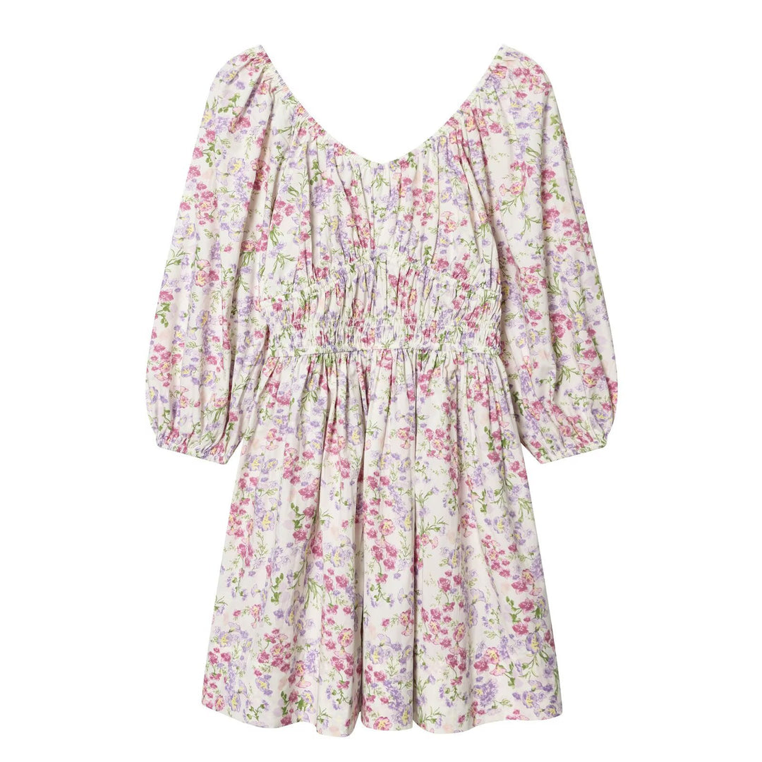 Damen Geblümtes Midikleid mit weiten Ballonärmeln, Smok-Taillenpartie und V‑Ausschnitt Drune