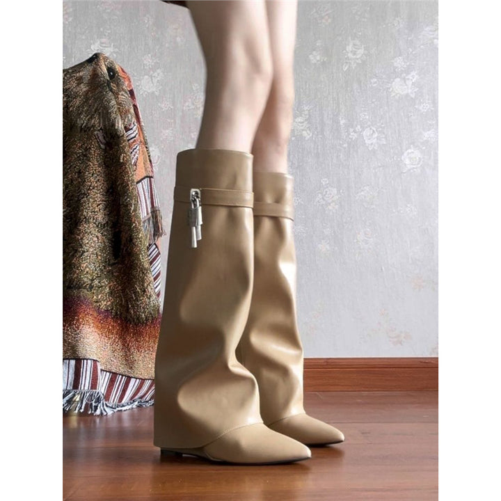 Damen kniehohe Lederstiefel mit spitzer Zehenform, flachem Absatz und seitlichem Schnallenverschluss Drune