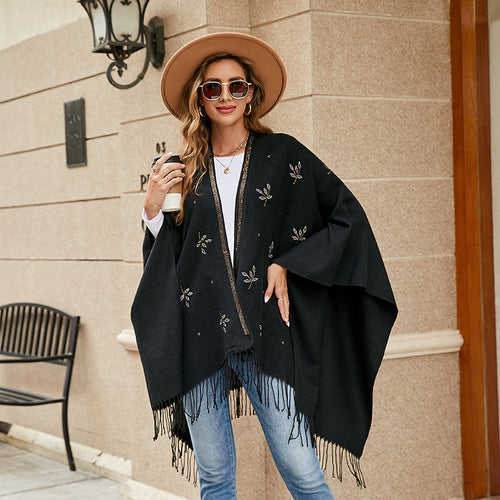 Damen Eleganter Poncho mit floralem Stickmuster und fransigen Kanten Drune