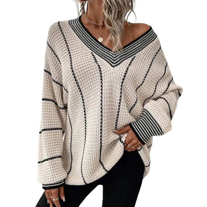 Drune | Pullover - Damen Winter Gestreifter V-Ausschnitt Strickpullover