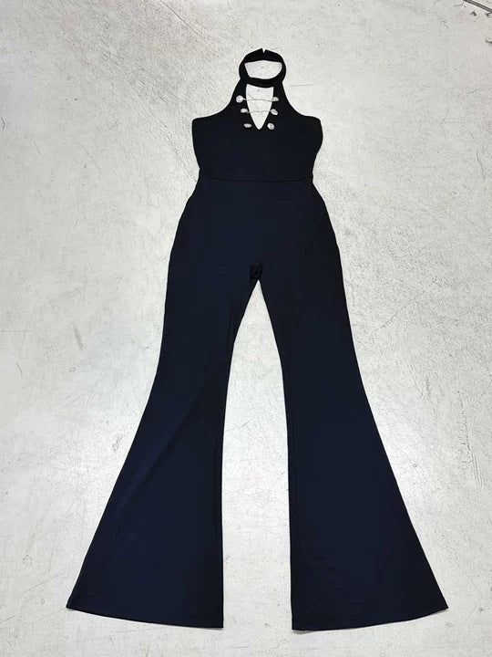 Damen Fließender Jumpsuit mit hochgeschlossenem Ausschnitt und dekorativen Knöpfen Drune