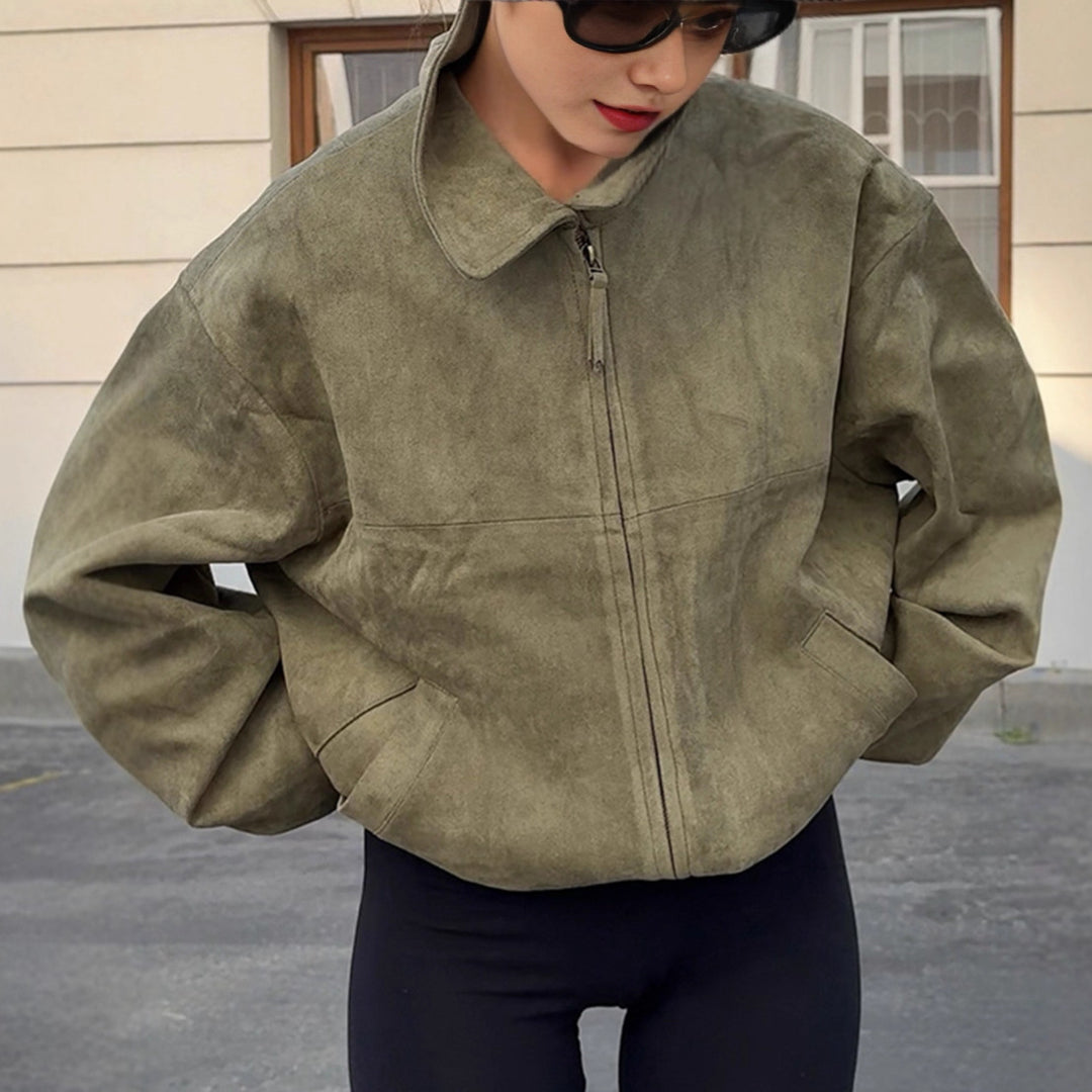 Damen Oversized Suede Jacke mit hohem Kragen und praktischen Taschen Drune