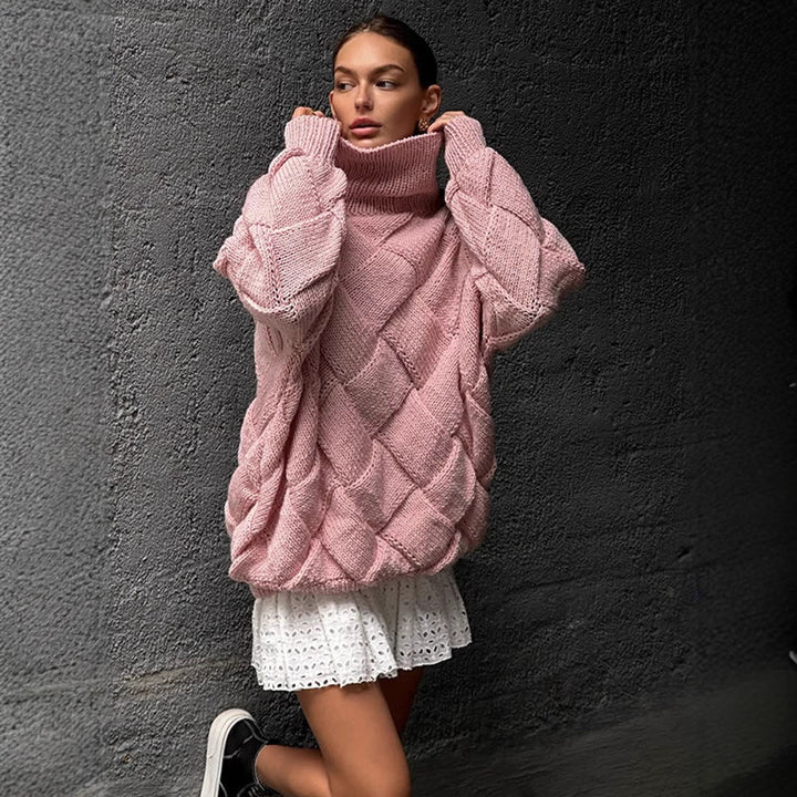 Damen Oversize Strickpullover mit Rollkragen, Zopfmuster und voluminösen Ballonärmeln Drune