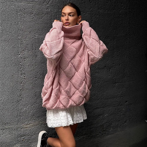 Damen Oversize Strickpullover mit Rollkragen, Zopfmuster und voluminösen Ballonärmeln Drune