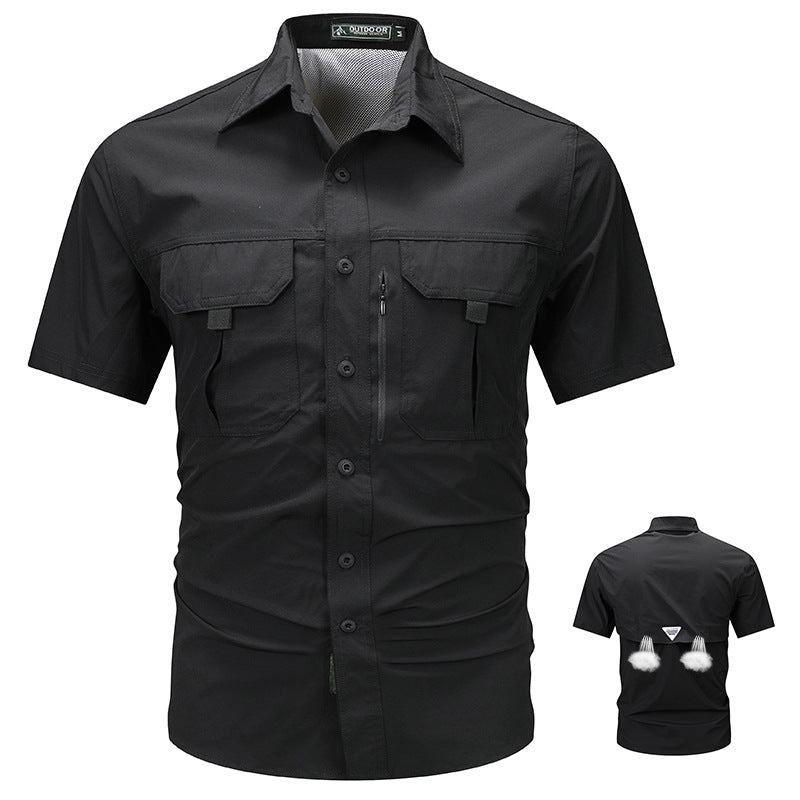 Men's  tactical short sleeve button shirt with dual flap chest pockets and discreet zip utility pocket Drune