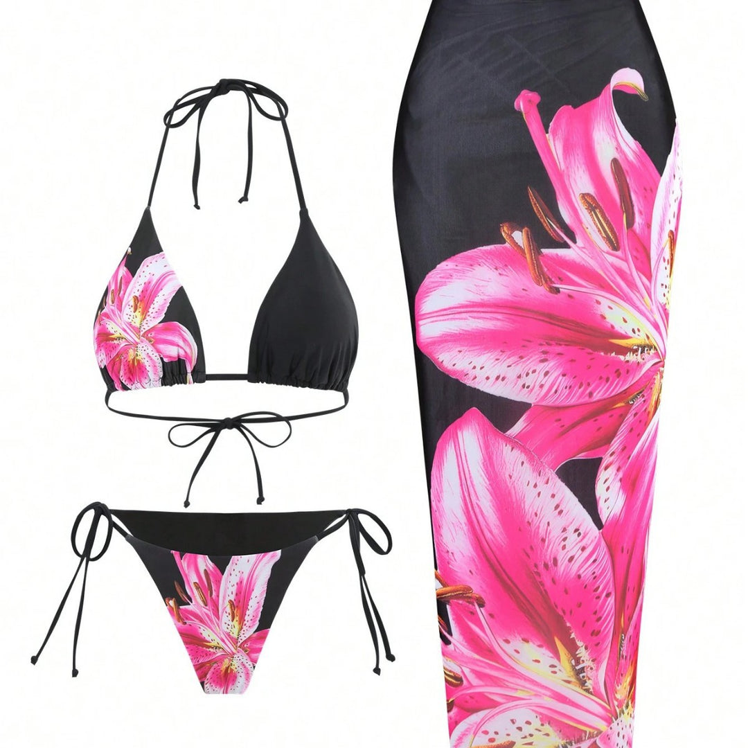 Damen Bikini-Set mit floralem Muster und passendem Wickelrock Drune