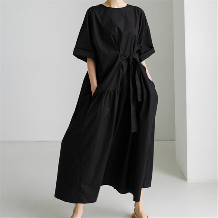 Damen Langes Baumwoll-Maxikleid mit Wickelgürtel und Eingrifftaschen Drune