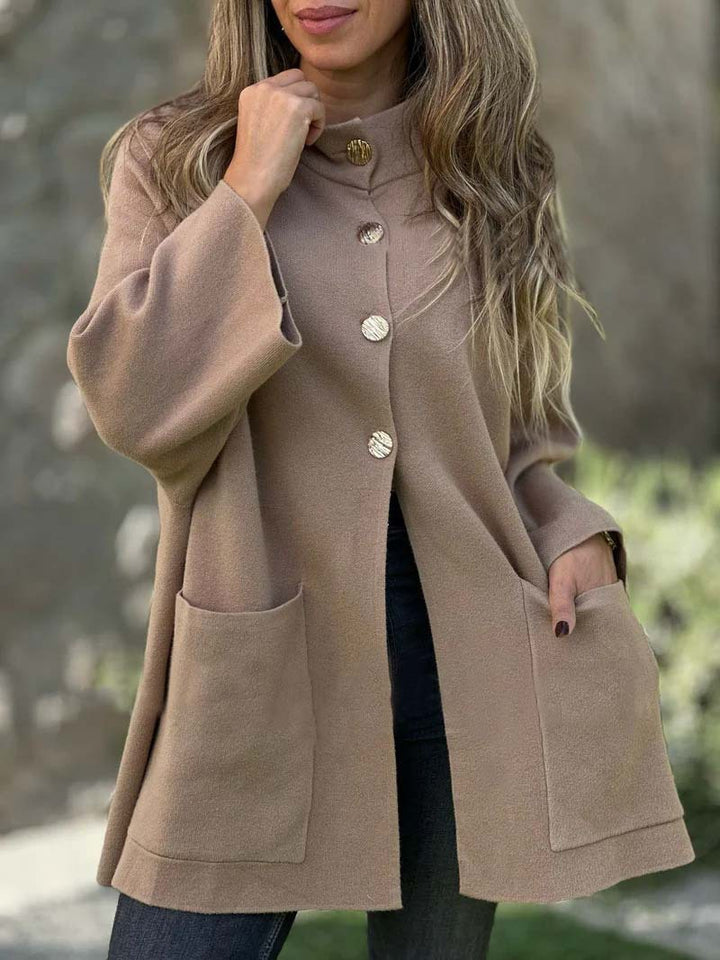 Damen Oversize Cape-Cardigan mit Stehkragen, aufgesetzten Taschen und Zierknöpfen Drune